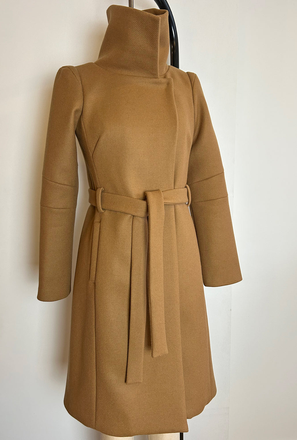 camel color high neck trench coat with belted waist
