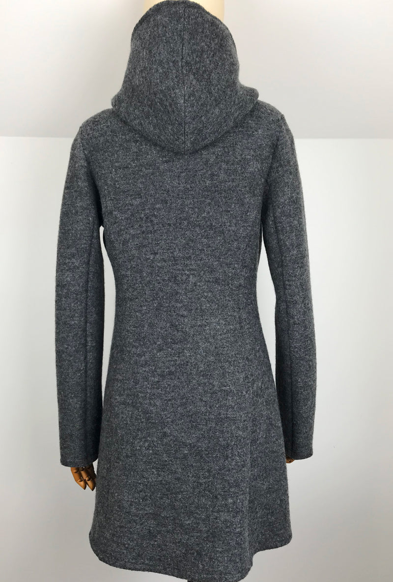 back of hooded gray merino coat