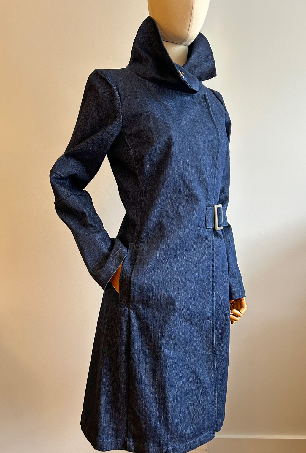High neck denim trench coat with buckle belt knee length