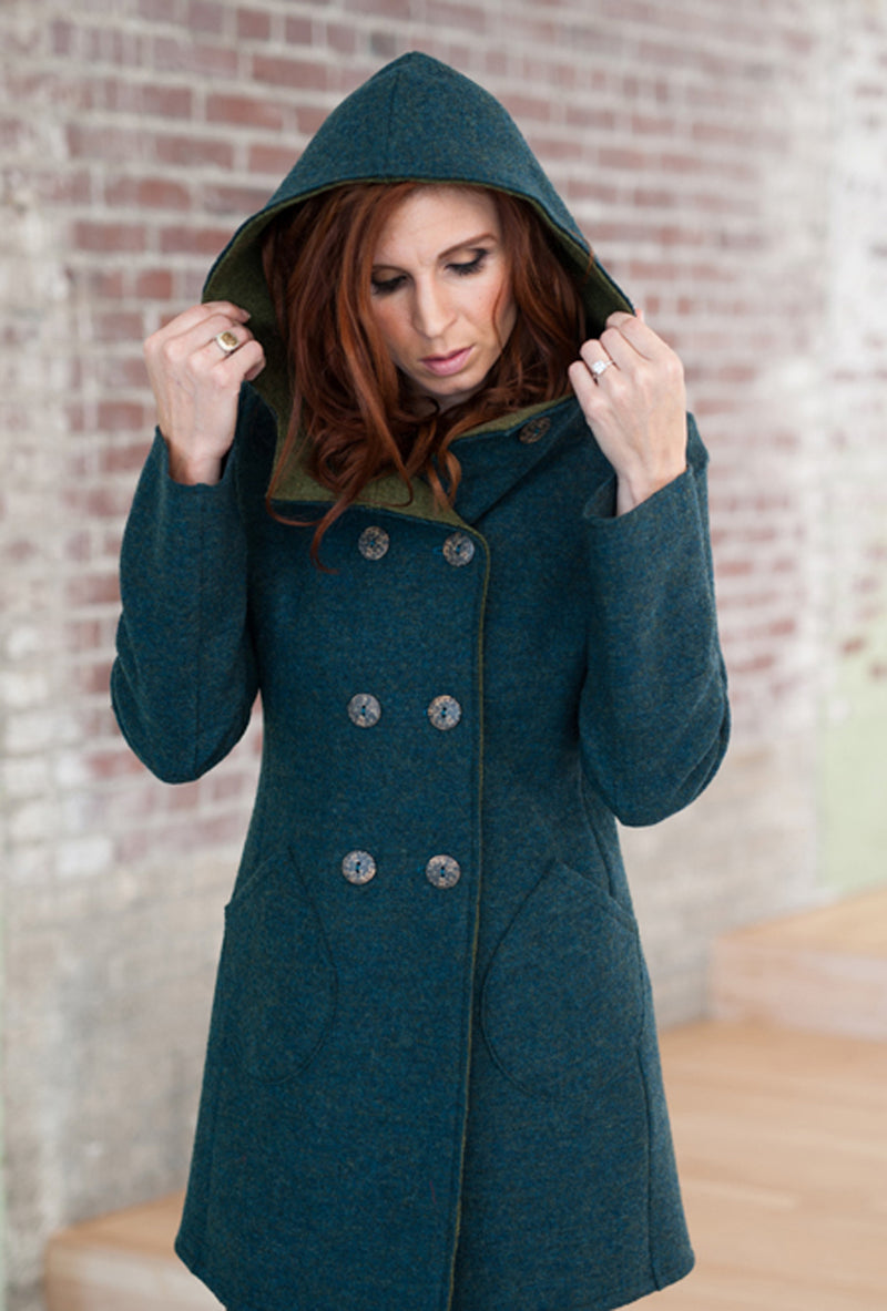 Teal blue merino wool coat trench