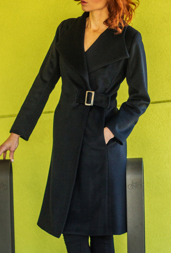 black cashmere wrap coat with buckle