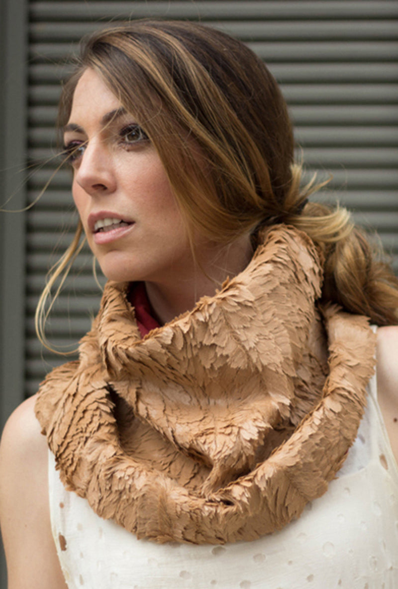 camel faux feather fur scarf