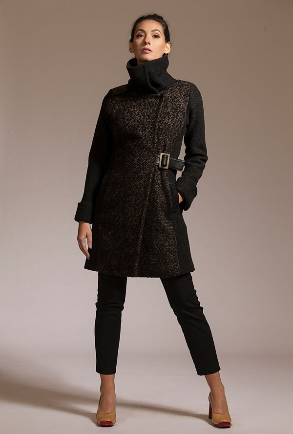 Alpaca and merino coat in dark gray brown with leather by denovo