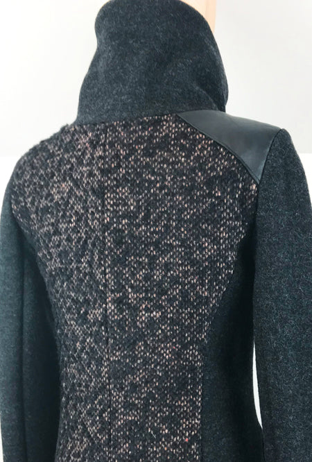 back of gray brown alpaca and merino women's coat