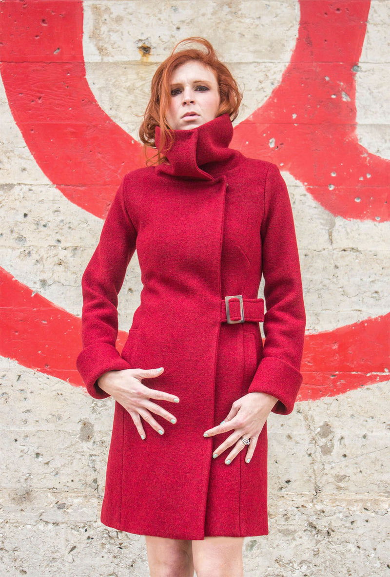 Red merino boiled wool women's winter coat