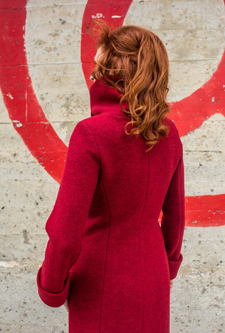 back of red merino wool knit coat by denovostyle
