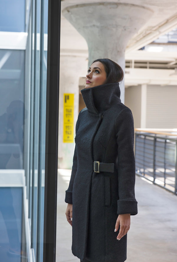 COWL NECK COAT Black Wave Alpaca