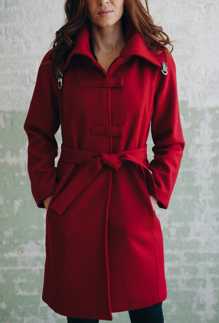 red melton wool coat by denovo