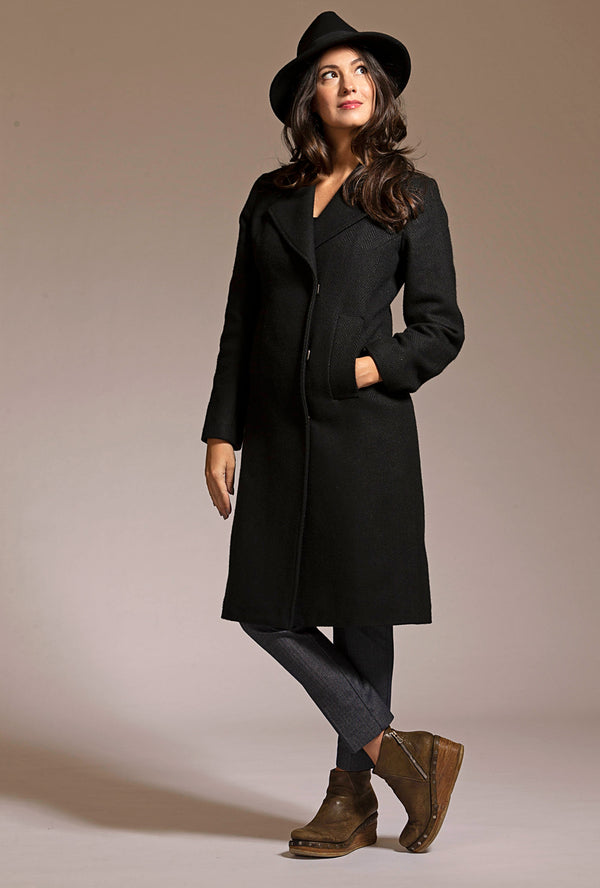 black herringbone wool women's winter coat by denovo
